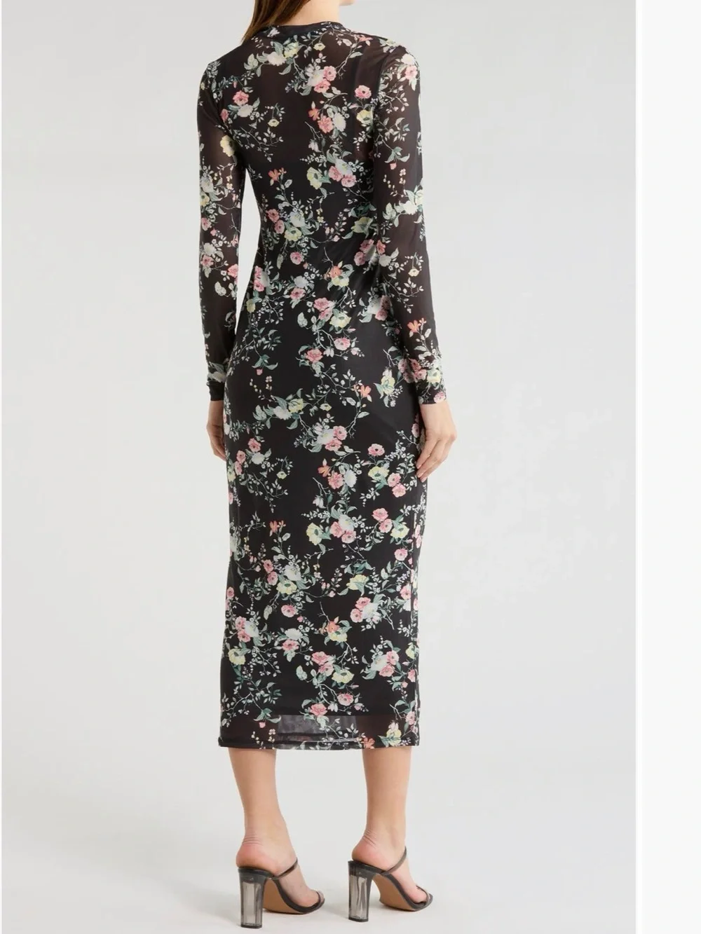 AFRM Black Long Sleeve Floral Midi Dress with Pink & Cream Blooms - Picture 5 of 6